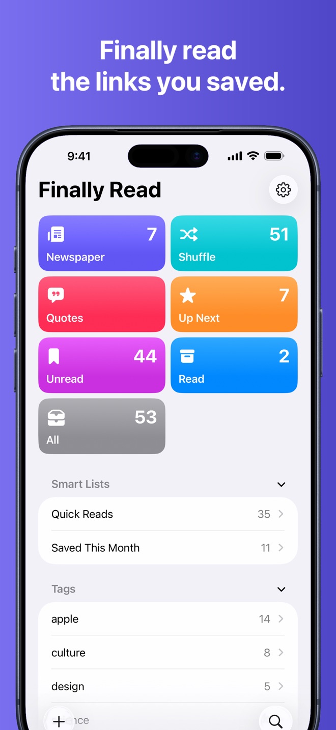 Home screen with Newspaper, Shuffle, Quotes, Up Next, Unread, and Read tiles